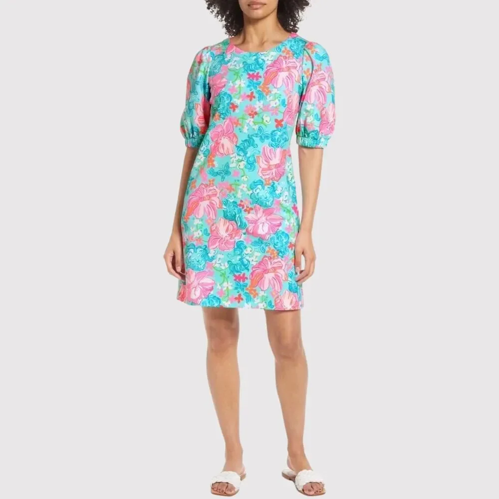 Lilly Pulitzer Dress Blue Cayce Mini Puff Sleeve Floral Luscious Lions Small - Picture 1 of 11